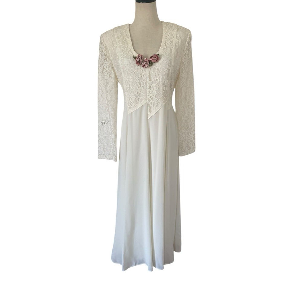 Vtg 90s Jeffrey & Dara Ivory Wedding 11/12 Lace Romantic Boho Lace Rose Midi NWT